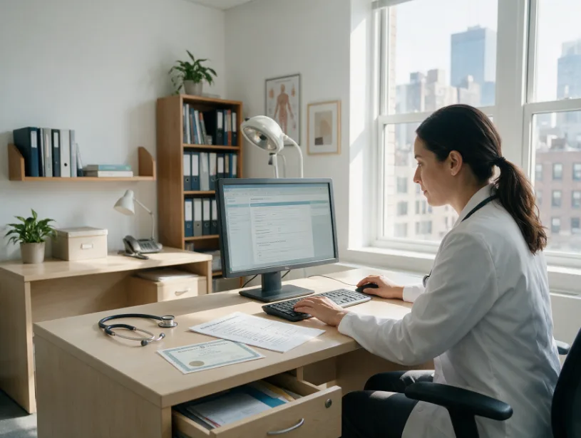 Credentialing specialist reviewing a Fidelis Care provider application at a New York clinic