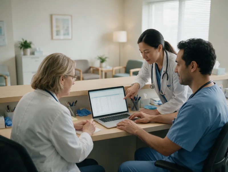 Group practice staff reviewing a provider roster at a clinic front desk
