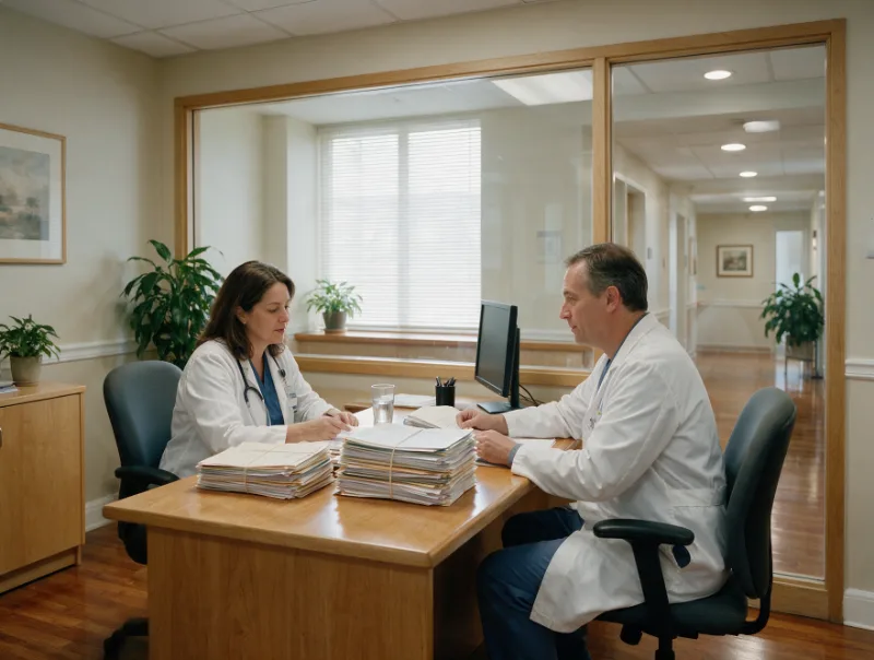 Hospital medical staff coordinator reviewing credentialing files with a physician