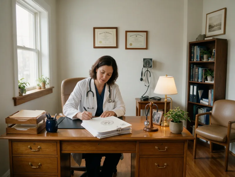 Physician completing provider enrollment paperwork in a private practice office