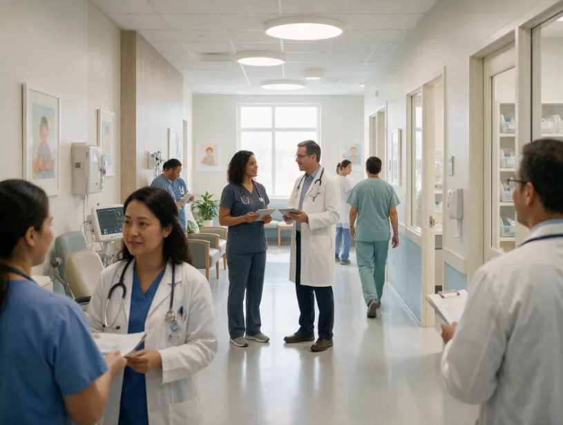 Therapist, pediatrician and clinicians in a multi-specialty clinic hallway