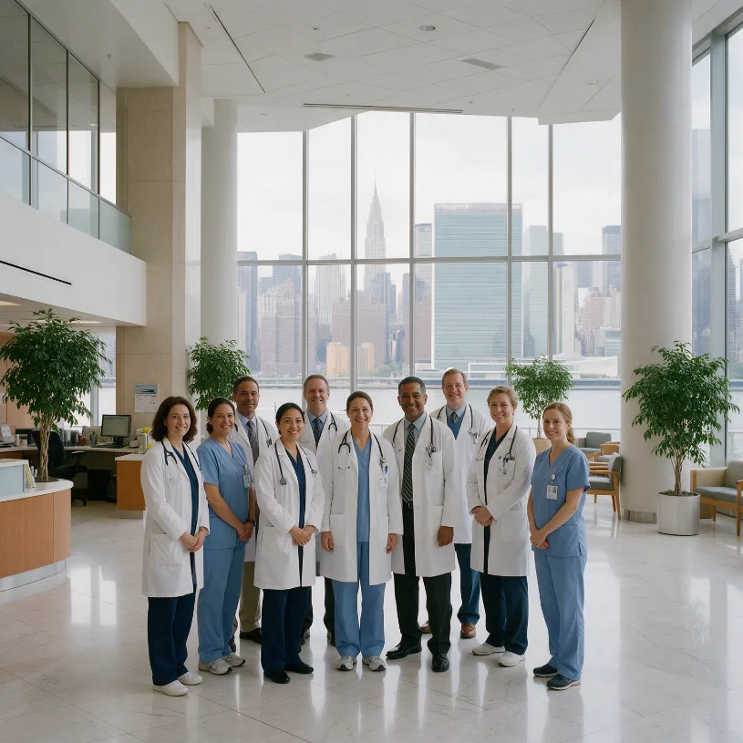 Group of doctors and nurses in a New York hospital lobby