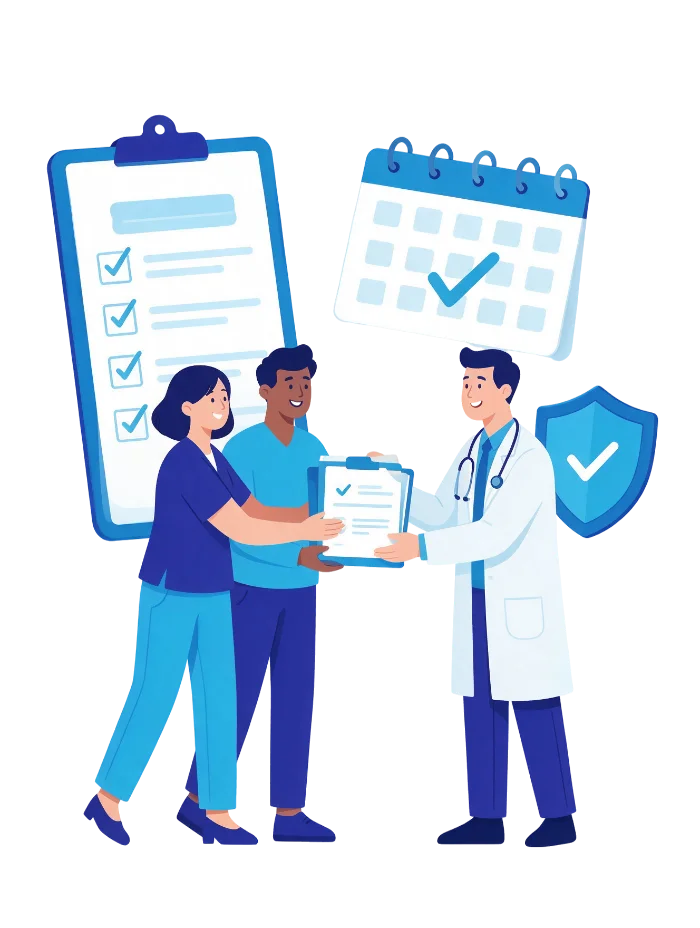 Credentialing team handing a completed Fidelis Care provider application to a doctor