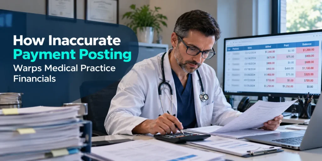 Doctor reviewing payment posting errors and medical practice financial records
