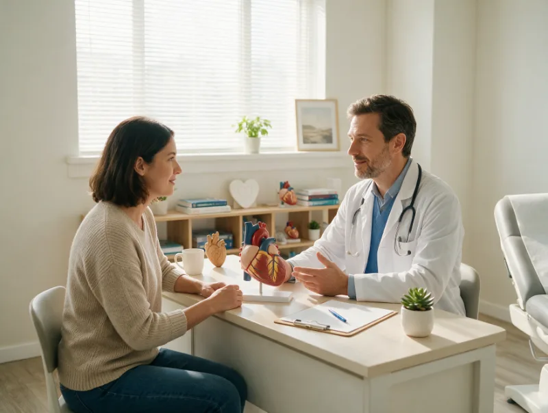 Cardiologist consulting with a patient in an exam room